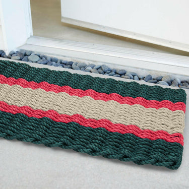 Lobster Rope Doormats, Outdoor Door Mats, Wicked Good Door Mats Made in Maine, Christmas Green & Red, Angled View in Front Door
